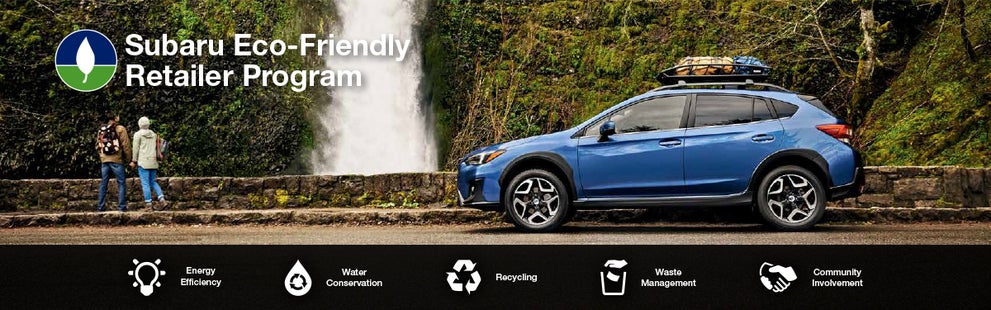 The Subaru Eco-Friendly Retailer Program logo with a blue Subaru and eco icons at bottom. | Goldstein Subaru in Colonie NY
