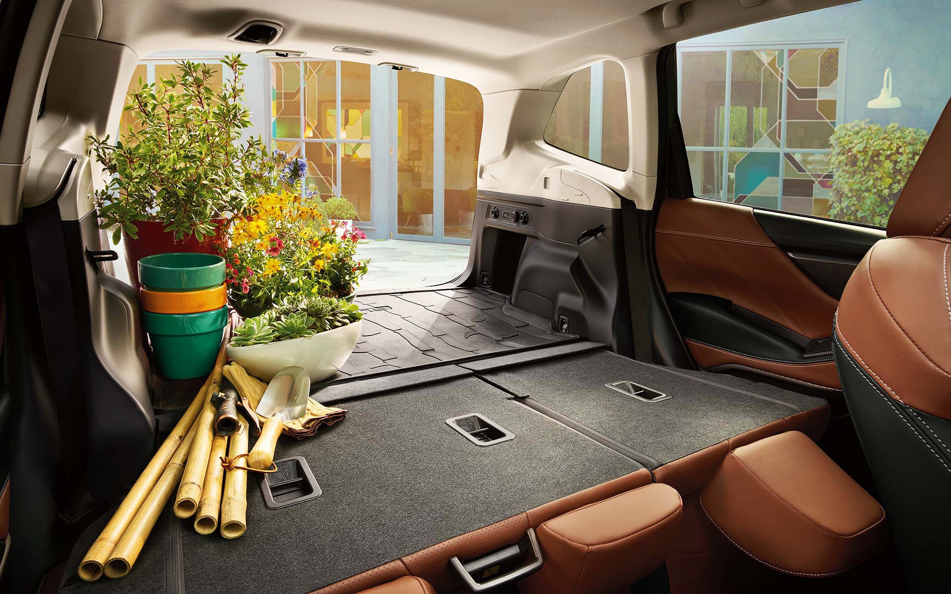 The rear cargo area of the 2022 Forester with the rear seats folded down. | Goldstein Subaru in Colonie NY