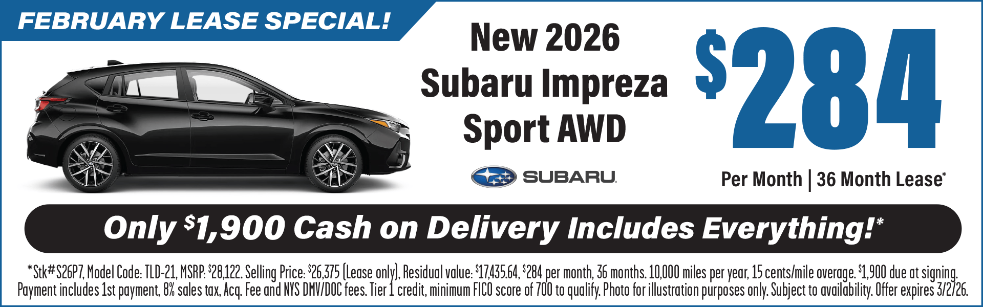 Lease a 2026 Subaru Impreza for $284 Per Month*