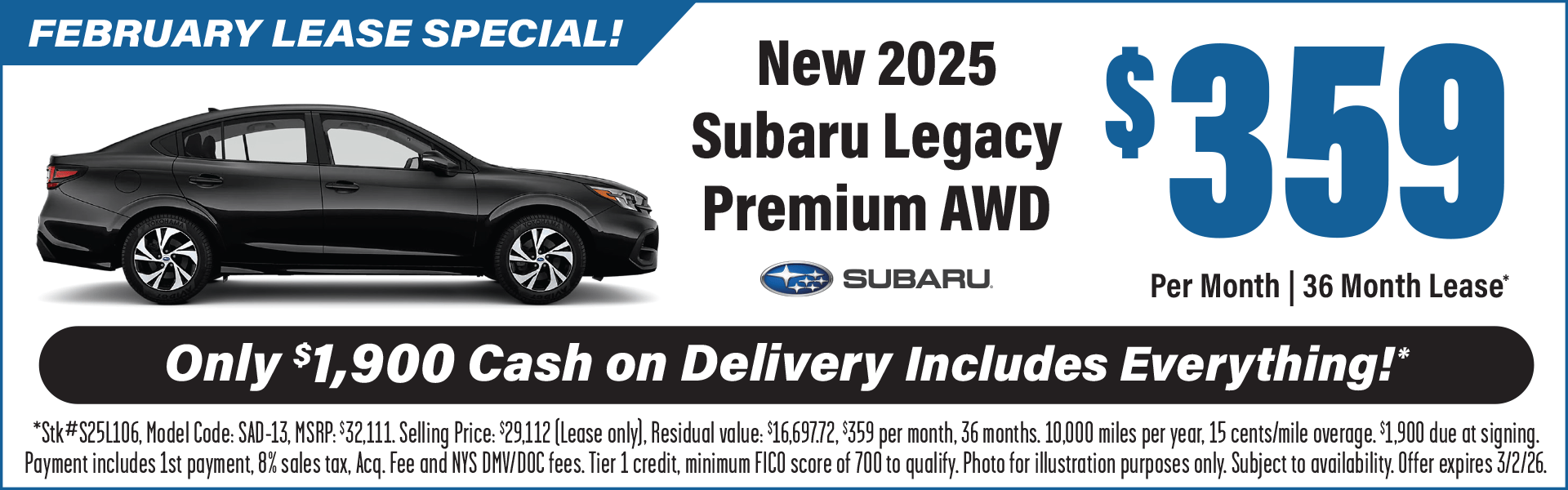 Lease a 2025 Subaru Legacy for $359 Per Month!*