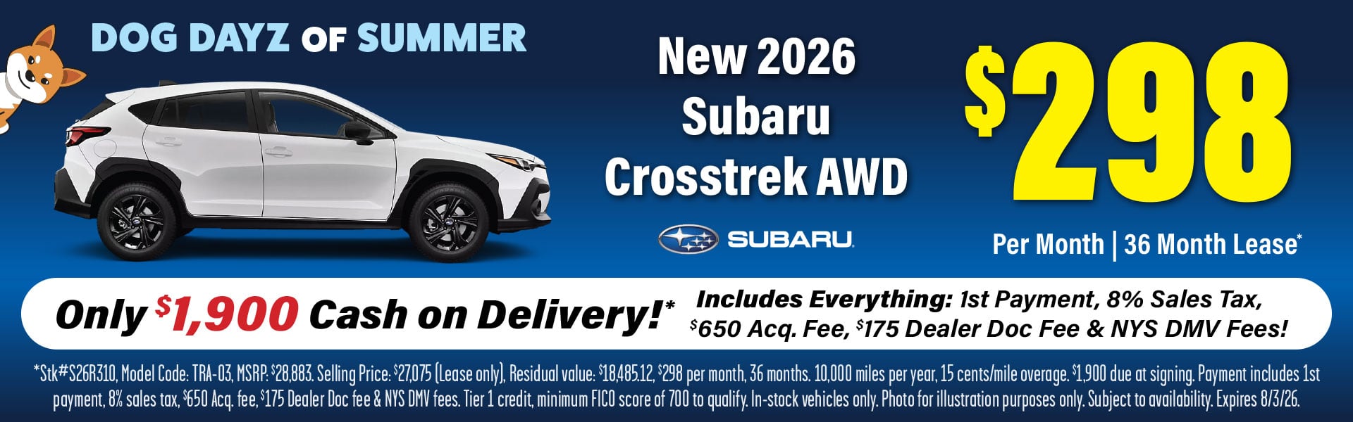 2026 Subaru Crosstrek - $298 Per Month Lease