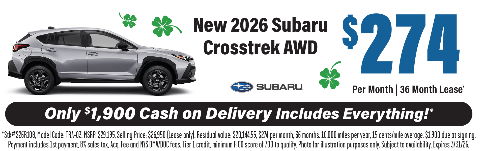 2026 Subaru Crosstrek Lease - $274 Per Month