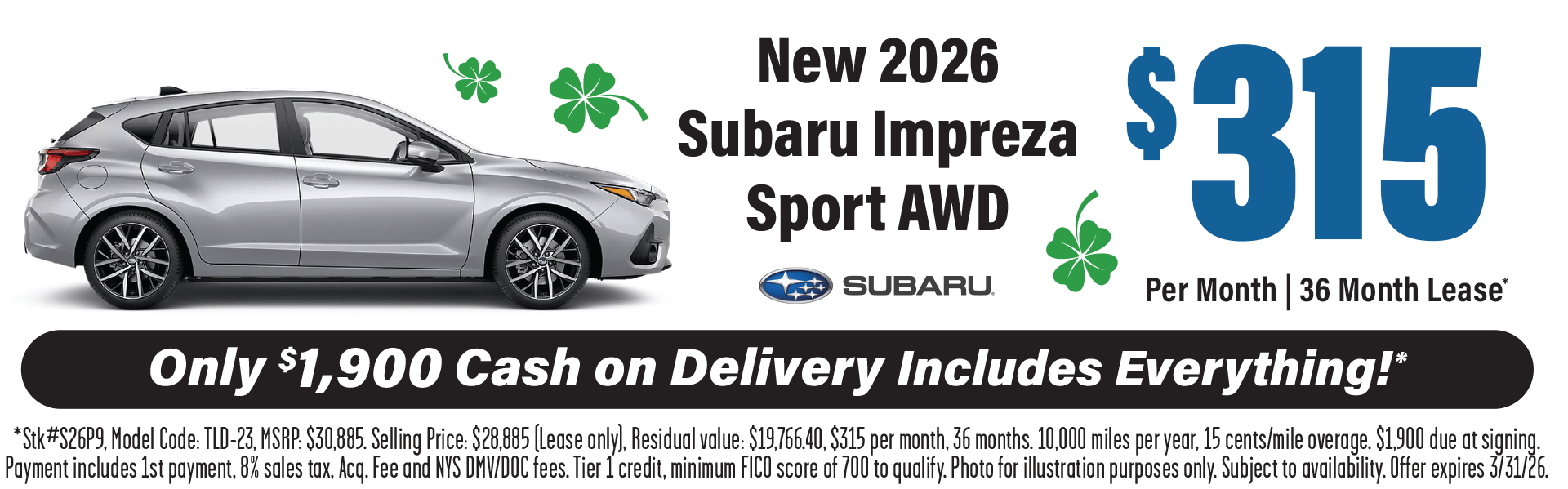 2026 Subaru Impreza Lease - $315 Per Month